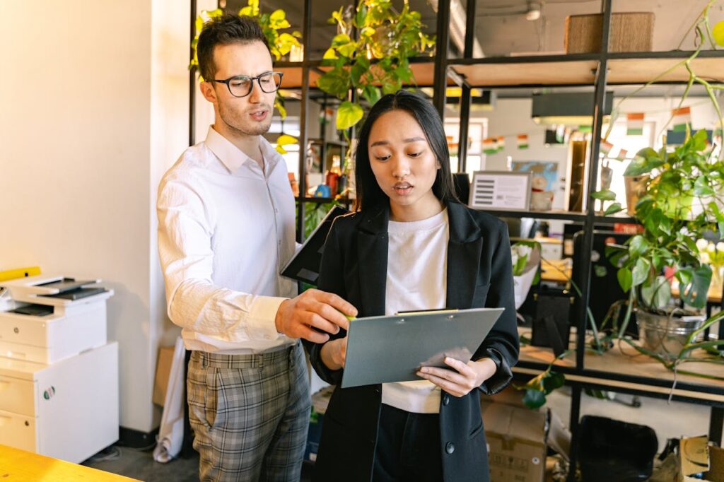 woman advising a man in flower shop